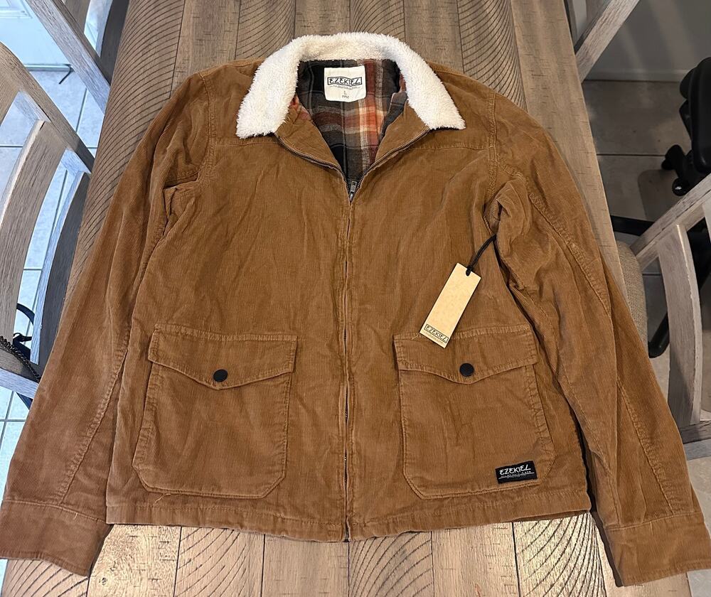 Y2K Ezekiel Corduroy Jacket Sherpa Fleece Collar Tan Mens L Plaid Lined Zip
